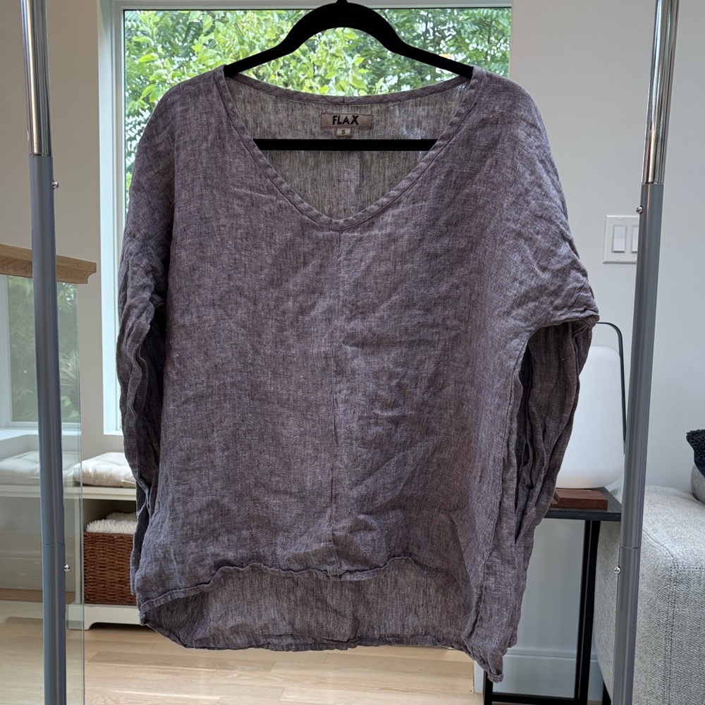 Flax Women's V-Neck Linen Blouse - Purple